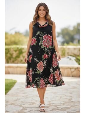 Signature by Robbie Bee Black Floral Sleeveless Midi Dress Size 14P